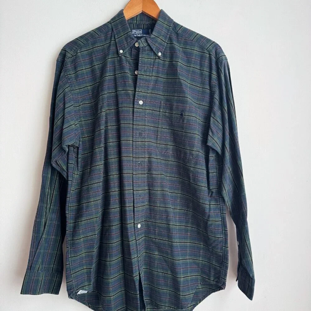 Vintage Polo Ralph Lauren Green Blue Plaid Logo Button Down Shirt M